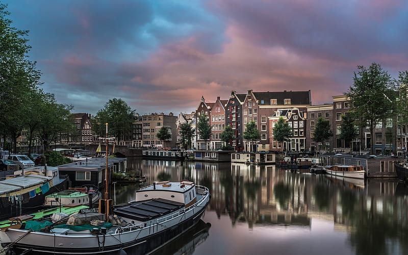 Amsterdam, channels, barges, ships, evening, Netherlands, Holland, HD wallpaper