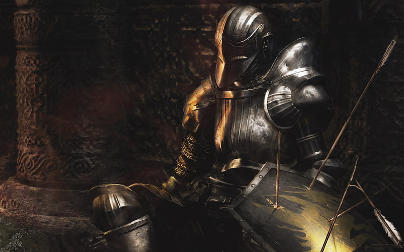 Demons Souls, warrior, helmet, shield, game, artwork, knight, armour, arrows, HD wallpaper