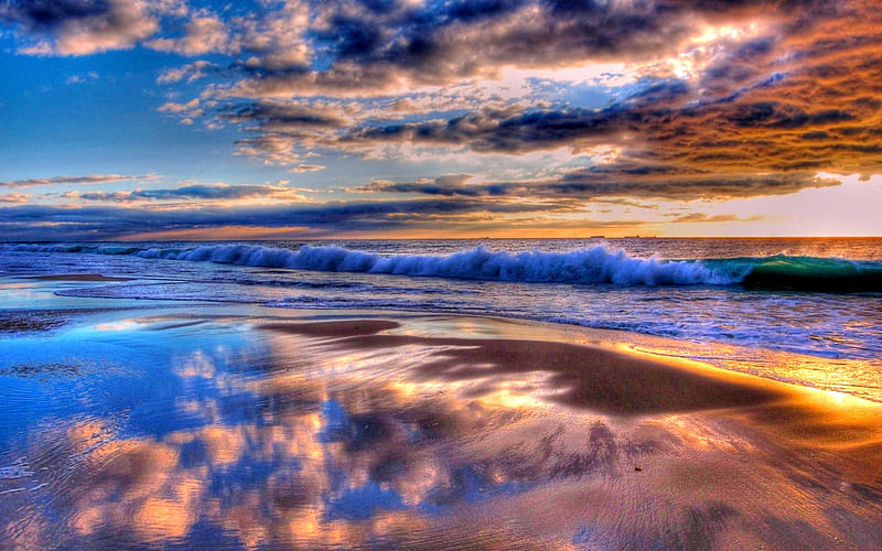 BEACH PARADISE, beach, water, Indian ocean, sunset, waves, clouds, HD wallpaper