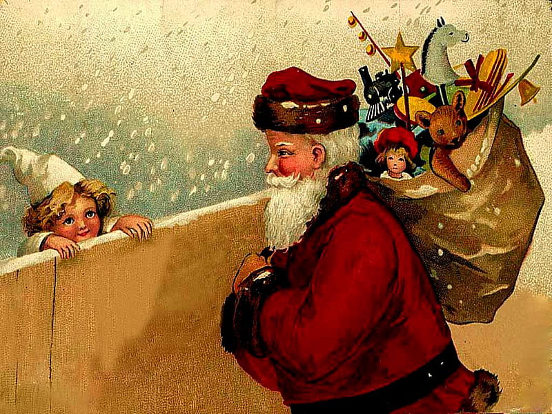 Old St. Nick, santa, christmas, snowflakes, st nick, child, toys, santa claus, HD wallpaper