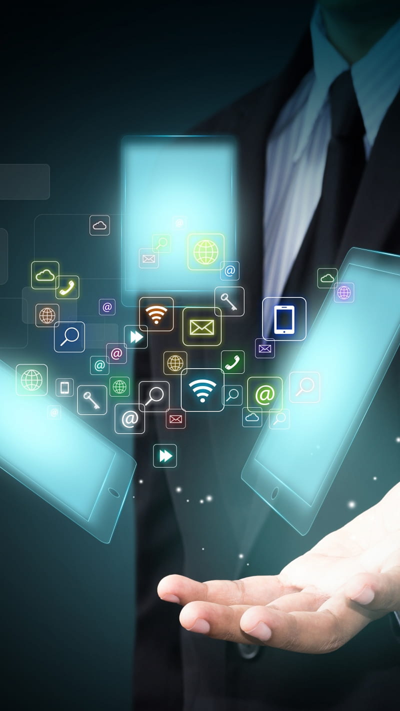 Hi-tech, future, hand, icons, smart phone, tablet, HD phone wallpaper
