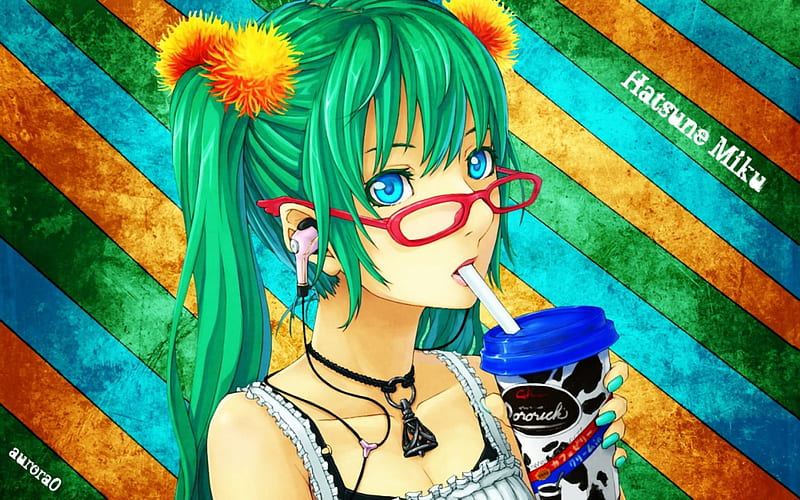 Too Bright!! My eyes... my eyes, red, pomoms, ponytales, drinkg, soda, glasses, white shirt, yellow, mp3, green, anime, drink, slurping, blue, mp3 player, stripes, necklace, pigtails, pop, white, HD wallpaper