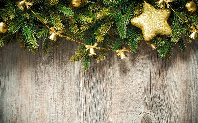 Merry Christmas!, green, christmas, golden, bell, wood, star, card, HD wallpaper