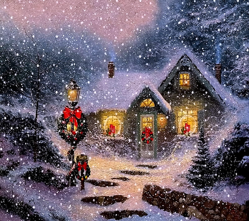 Christmas Night, eve, house, snow, winter, HD wallpaper