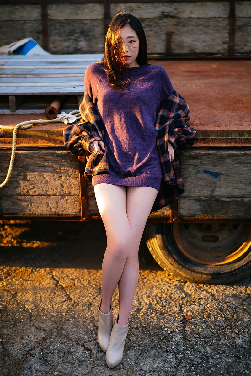women, model, Asian, outdoors, legs, truck, sweater, HD phone wallpaper