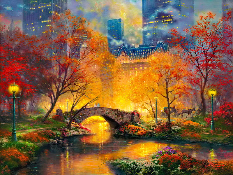 Central park in the fall, colorful, fall, art, autumn, bonito, park, lake, pond, Kinkade, city, bridge, painting, river, reflection, Central, HD wallpaper