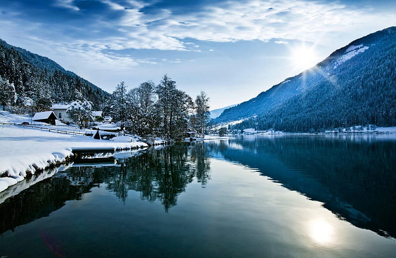 Winter Lake, Shore, Cottages, Covered, Bonito, Mountain, Village ...