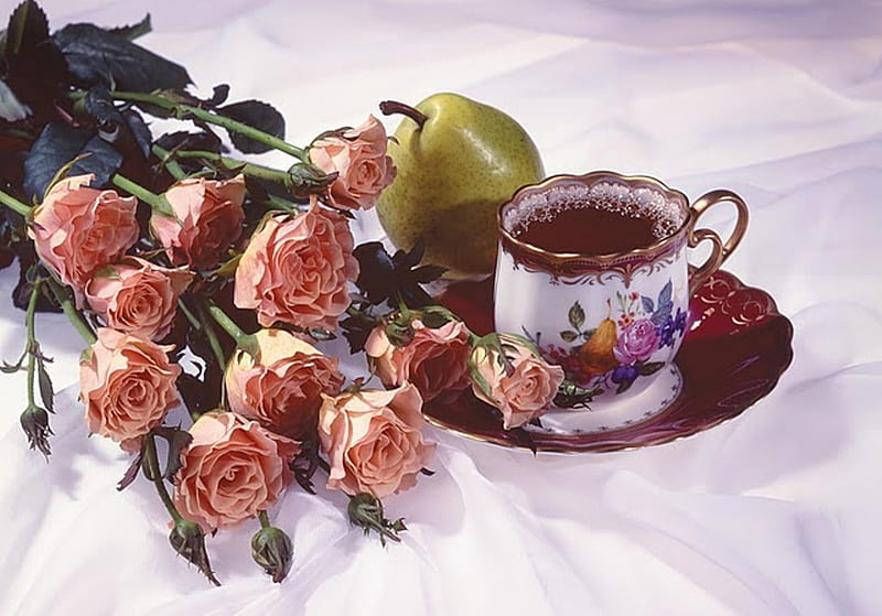  Té y rosas, buenos días, pera, rosas, té, fruta, ternura, flores, hermosas rosas, Fondo de pantalla HD