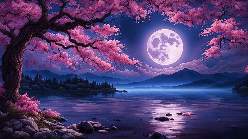 Full moon at the river, fak, rozsaszin, fa, erdo, folyo, hegyek, cseresznye virag, HD wallpaper