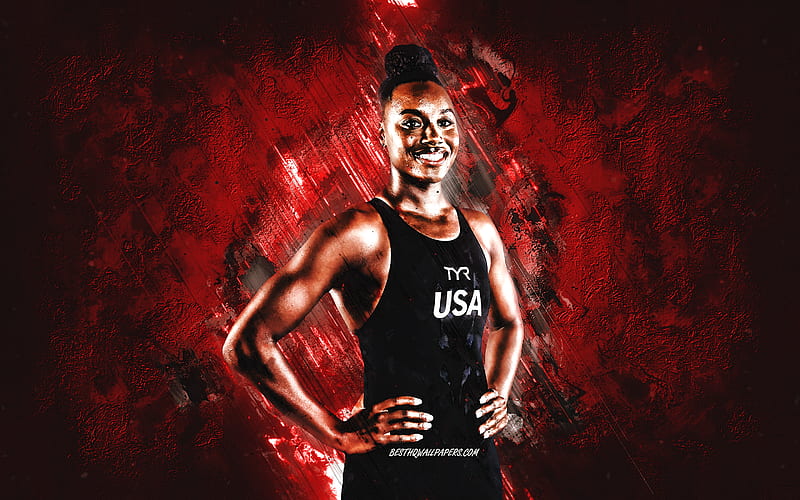 Simone Manuel, American Swimmer, USA National Olympic Team, red stone background, American athletes, USA, HD wallpaper