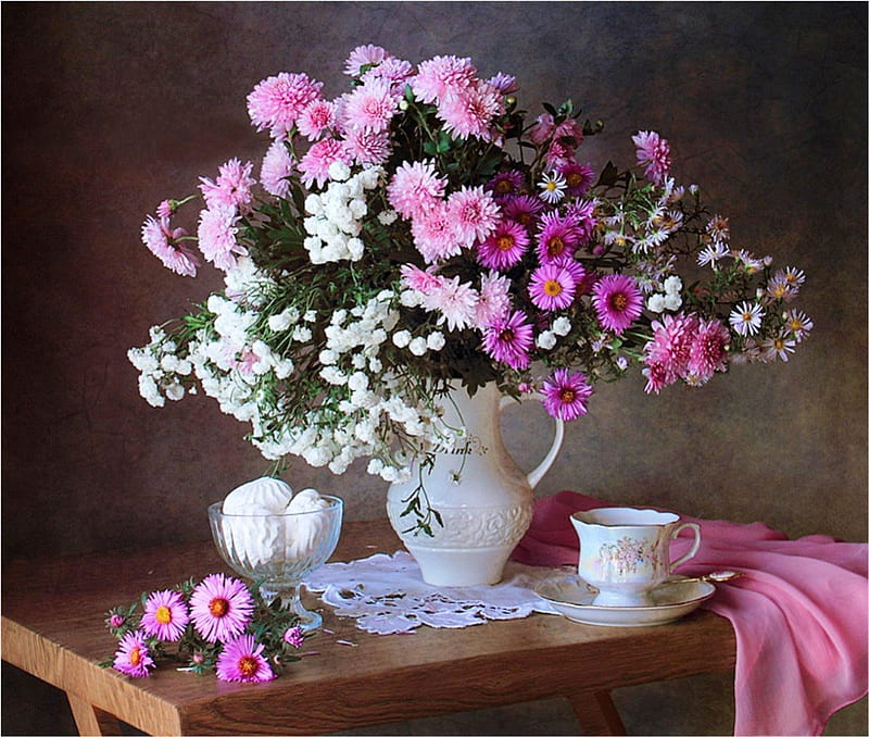 Pink chrysanthemum, table, chrysanthemum, brightness, vase, tea, floral, still life, cup, flowers, nature, white, pink, porcelain, HD wallpaper