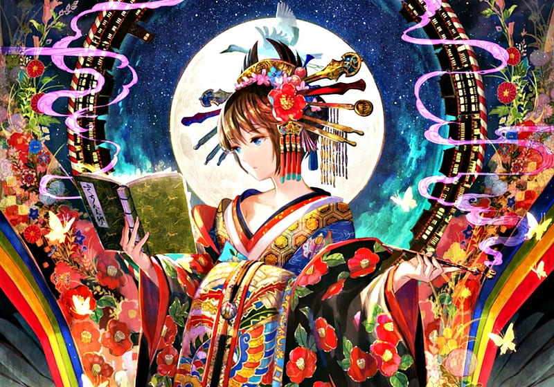 Full moon, red, manga, fuji choko, kimono, girl, anime, asian, blue, night, HD wallpaper