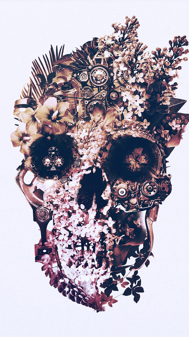 Meta Skull, Ali, ali gulec, art, dark, floral, gothic, horror, illusion, illustration, light, mechanic, nature, skull background, HD phone wallpaper