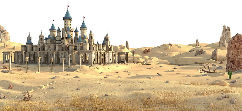 Desert castle, vara, fantasy, desert, sand, luminos, summer, marc mons, castle, HD wallpaper