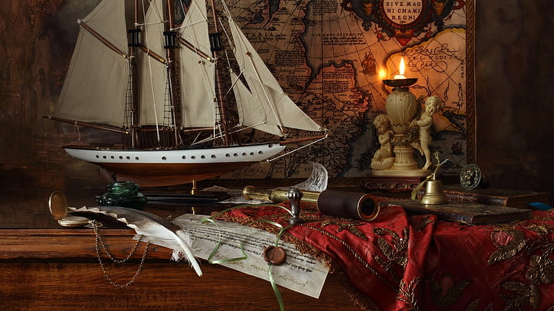 Still life, Ship, Pipe, Pen, Candle, HD wallpaper