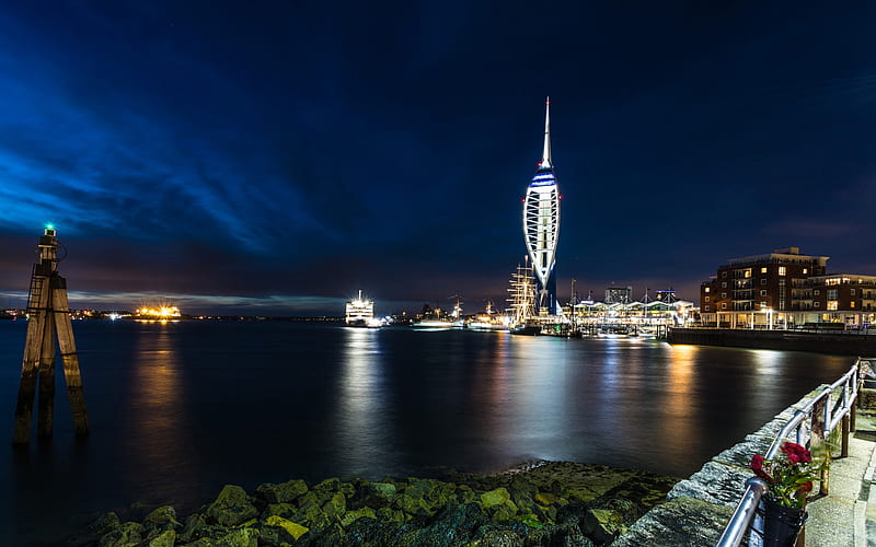 Portsmouth, port, evening, city lights, England, UK, Hampshire, Te Solent, HD wallpaper