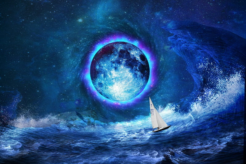 Up Ship Creek, blue, dark, float, light, moon, purple, tsunami, water, waves, HD wallpaper
