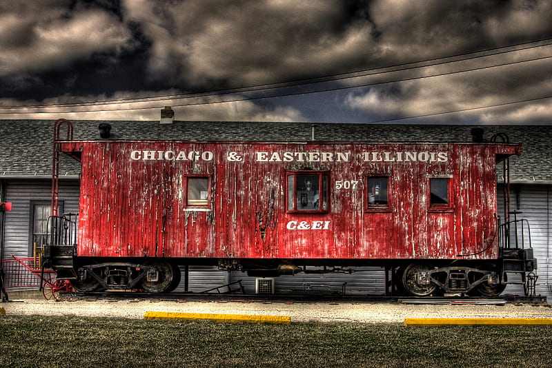All Aboard!, red, conductor, trains, antiques, transportation, old, rail, railroads, chicago, chicago and eastern illinois, caboose, rail car, HD wallpaper
