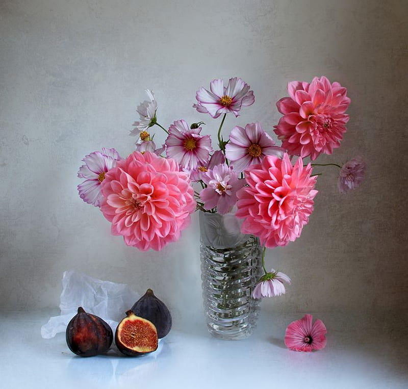 still life, vase, bonito, fruit, graphy, nice, cool, bouquet, gentle, fig, flower, flowers, pink, harmony, HD wallpaper