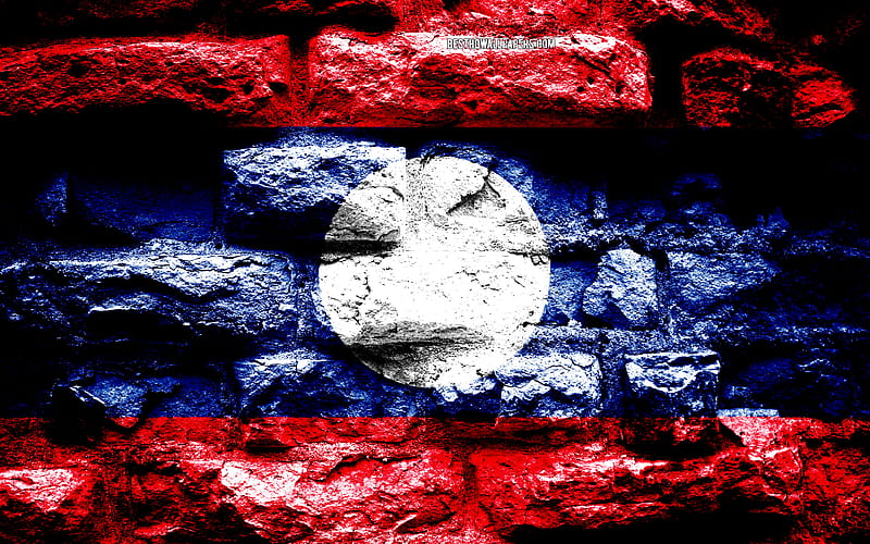 Empire of Laos, grunge brick texture, Flag of Laos, flag on brick wall, Laos, flags of Asian countries, HD wallpaper