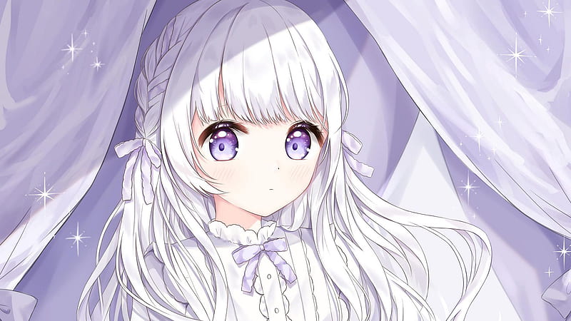 anime girl with short blonde hair and purple eyes