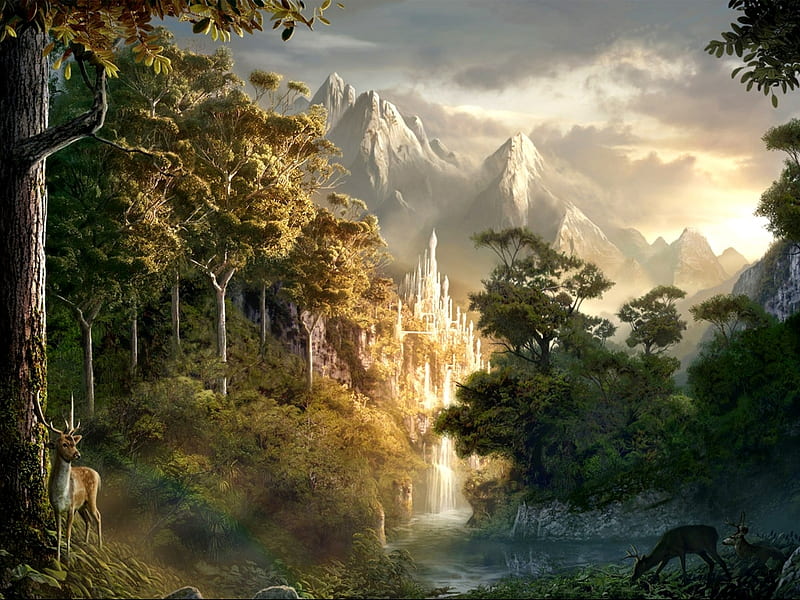 fantasy forest, mountains, waterfall, blue sky, trees, clouds, castle, deer, HD wallpaper