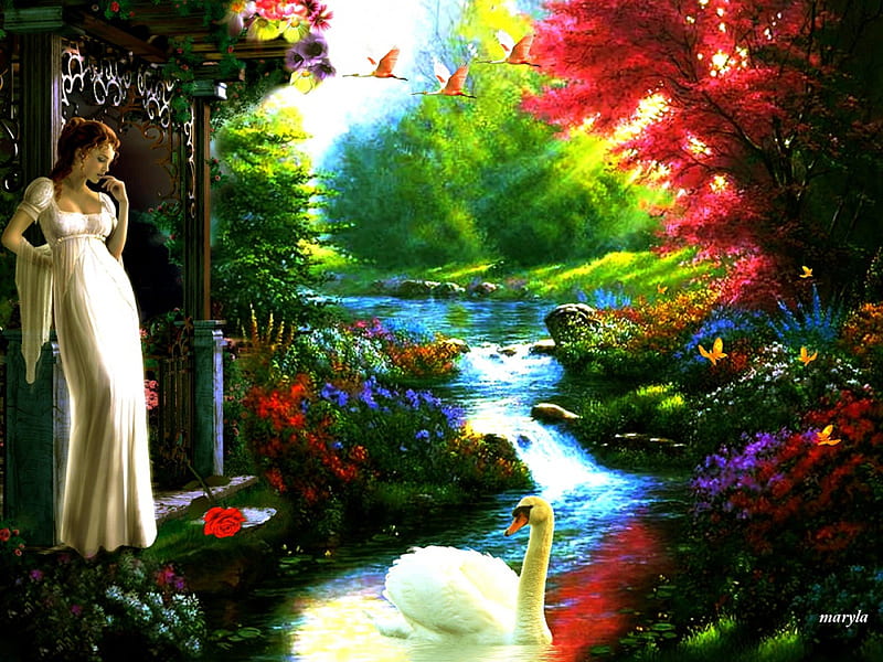 on the river, rose, birds, butterflies, spring, trees, swan, woman, arbor, tree, girl, summer, flowers, beauty, nature, river, HD wallpaper
