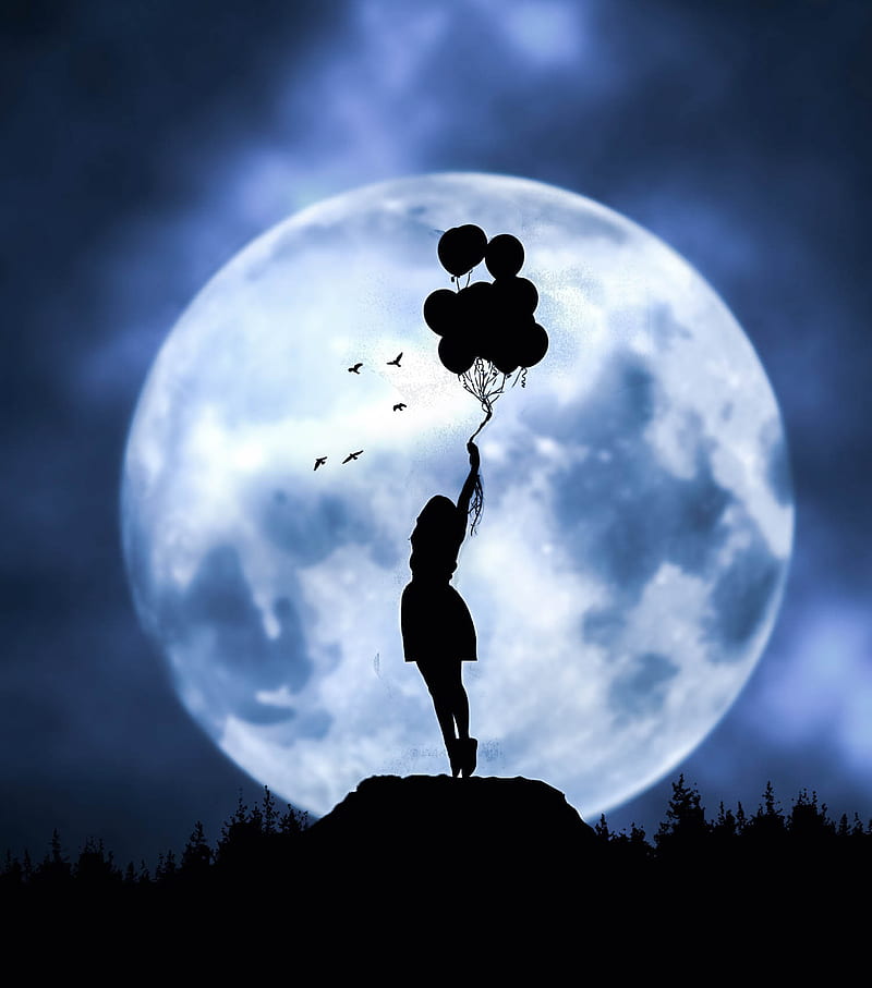 Moon balloons, girl, manipulation, moons, night, hop, space, stars, HD phone wallpaper