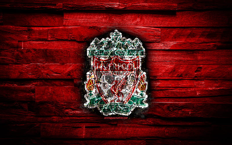 Liverpool FC, fiery logo, red wooden background, Premier League, english football club, FC Liverpool, grunge, football, Liverpool logo, fire texture, England, soccer, HD wallpaper