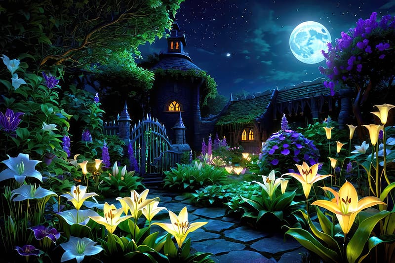 Garden at night, moonlight, flowers, village, countryside, garden, yard, sky, cottage, summer, mystical, romantic, evening, night, spring, magical, dark, fairytale, enchanted, midnight, house, moon, beautiful, HD wallpaper