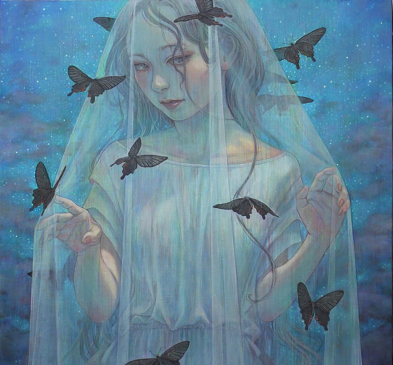 Bride, black, miho hirano, butterfly, art, veil, chalk, blue, painting, pictura, HD wallpaper