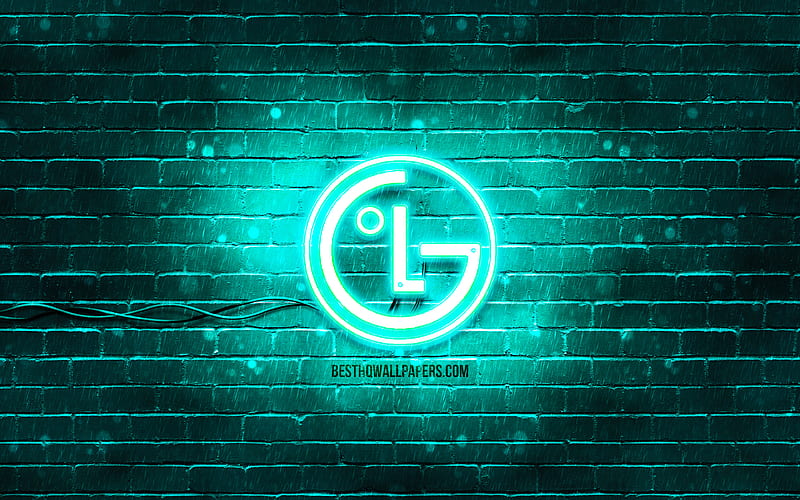 LG turquoise logo turquoise brickwall, LG logo, brands, LG neon logo, LG, HD wallpaper