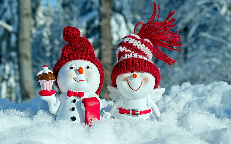 winter, snow, snowmen, red hats, New Year, snowman, HD wallpaper