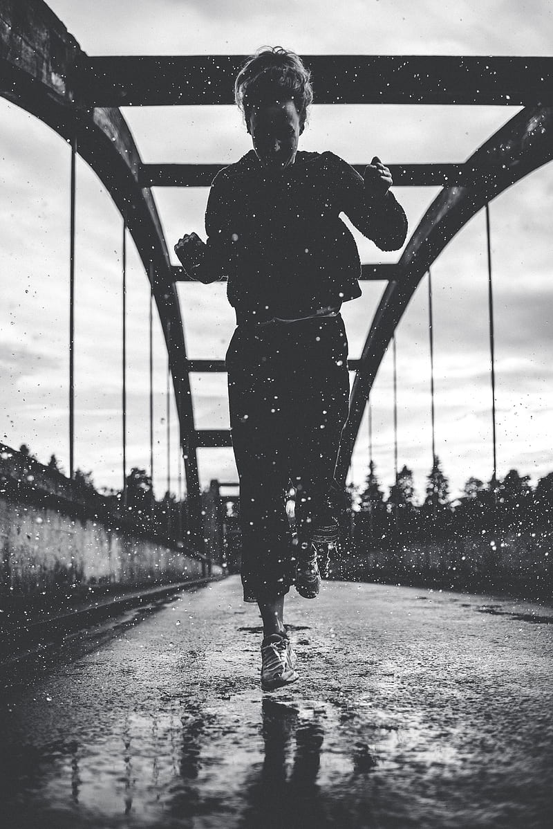 greyscale graphy of woman running on bridge, HD phone wallpaper