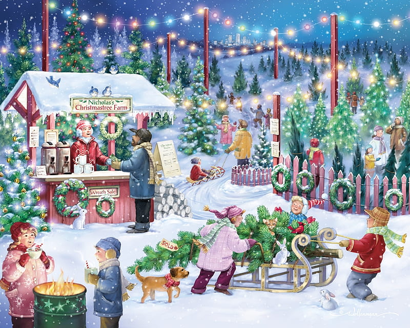 ChristmasTree Farm, sleigh, art, christmas, craciun, caine, children, fun, iarna, winter, fair, snow, painting, bunny, pictura, dog, HD wallpaper