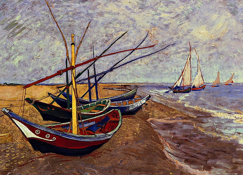 Fishing boats on the beach at Saintes Maries la Mer, beach, painting, wallpaper | Peakpx
