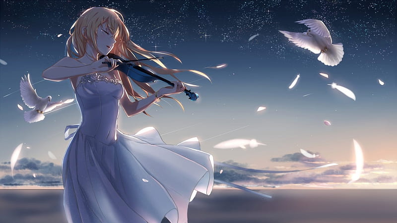 sad song, violin, dress, girl, anime, dove, white, feathers, HD wallpaper