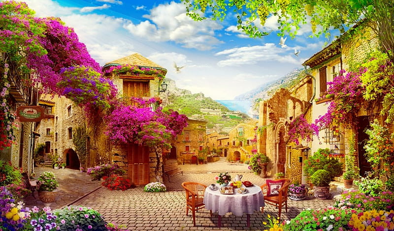 que village, pretty, oicturesque, cafe, houses, town, bonito, paradise, summer, flowers, village, street, HD wallpaper