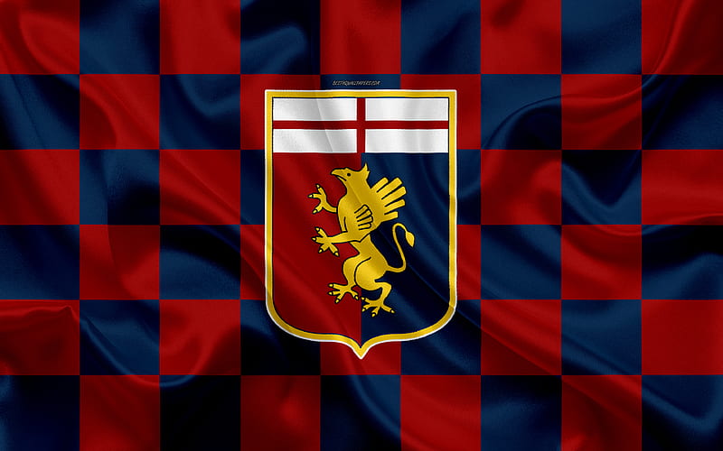 Genoa CFC logo, creative art, red blue checkered flag, Italian football club, emblem, silk texture, Serie A, Genoa, Italy, HD wallpaper