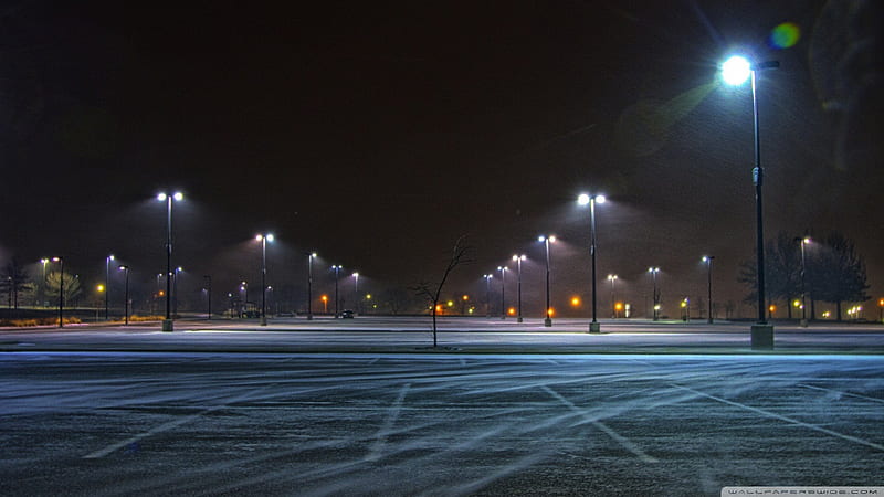 where chilly winds blow, light poles, snow, parking lot, wind, night, HD wallpaper