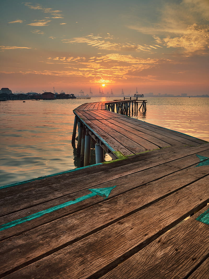 pier, wooden, sunset, port, HD phone wallpaper