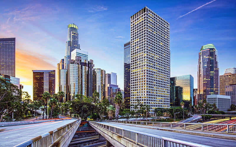 Los Angeles modern buildings, american cities, California, America, Los Angeles at evening, USA, City of Los Angeles, Cities of California, HD wallpaper