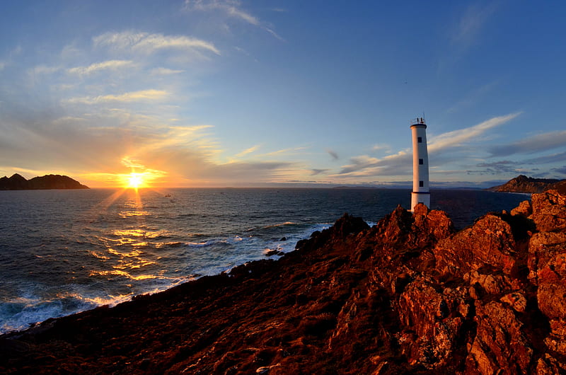 Buildings, Lighthouse, Galicia, Rock, Sea, Spain, Sunset, HD wallpaper
