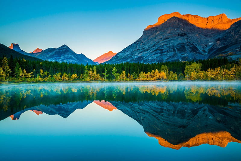 Wedge Pond Reflection, forest, dawn, bonito, lake, fog, paradise, Canada, mountains, calm waters, sunrise, blue sky, HD wallpaper