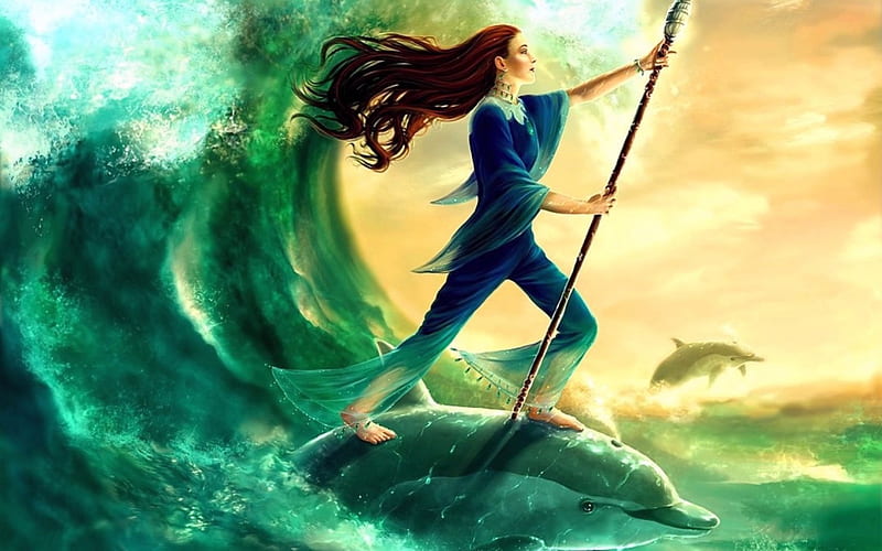 Sea warrior princess, fantasy, dolphins, redhead, woman, sea, HD ...