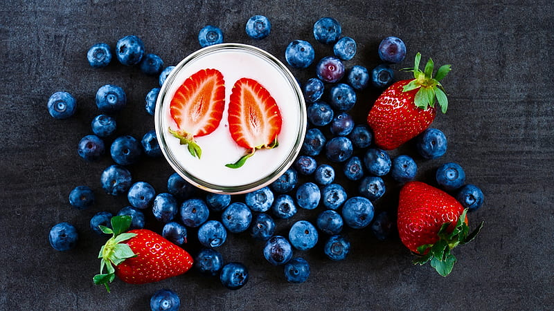 still life, blueberries, strawberry, berry, drinks, yogurt, HD wallpaper