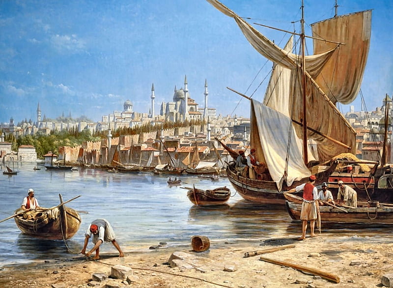 Constantinople , Constantinople, art, artwork, painting, wide screen, seascape, scenery, sailboats, harbor, HD wallpaper