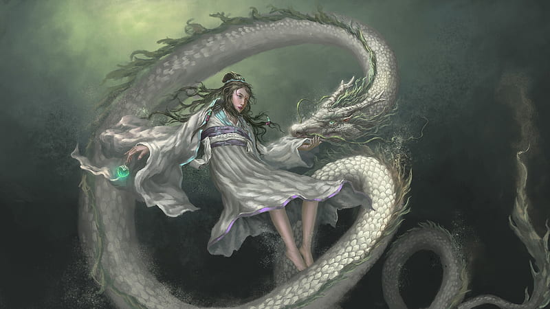 Fantasy Girl Art Fantasy Luminos Girl Liyuang White Dragon Blue