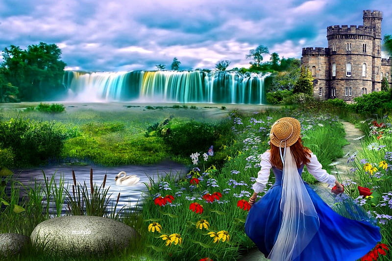 waterfall nature, trees, sea, small creek, leaves, stones, limbs, girl, mountains, painting, waterfall, flower, flowers, beauty, sun rays, nature, castle, HD wallpaper