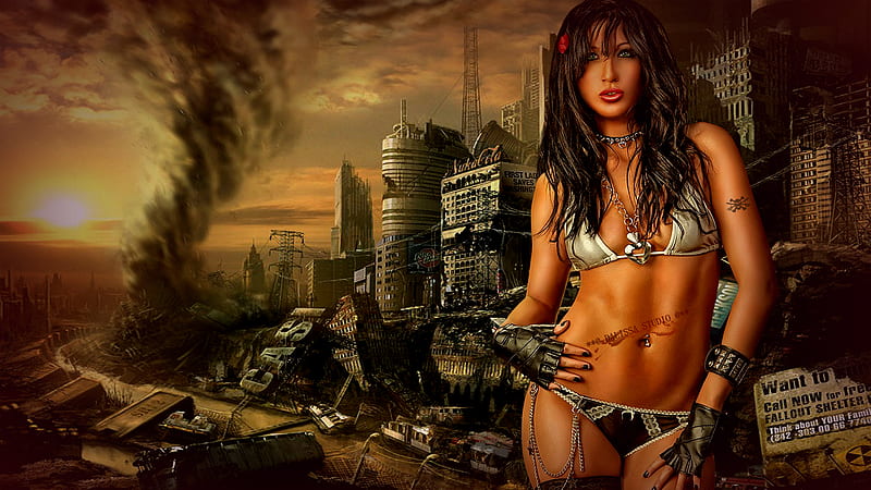 The Woman And The End Of The World, apocalypse, death, sexy girls, hell, the end of the world, ruined city, woman, dalissa, HD wallpaper